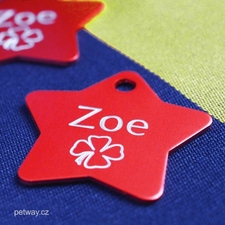 Červená hvězda - identifikační známka pro psa s rytím jména a telefonu