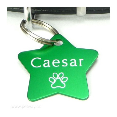 Zelená id psí známka s gravírováním jména - zelená hvězda