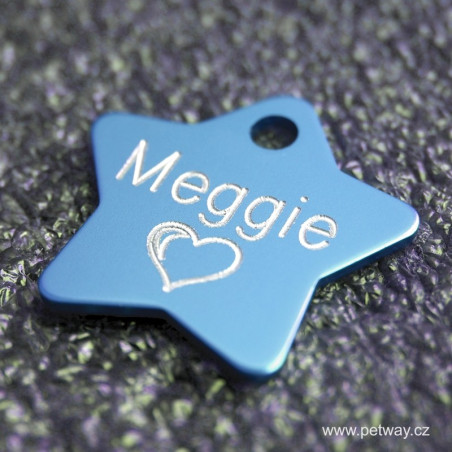 Světle modrý přívěsek na psí obojek se jménem a telefonem - hvězda