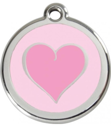 Růžová tagiska s rytím od Red Dingo o průměru 30 mm se symbolem srdce