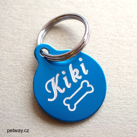 Modrá známka pro psa s rytím jména a telefonu 