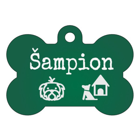 Zelená ID známka pro psy s gravírováním textu, symbolů a vlastní grafiky na míru