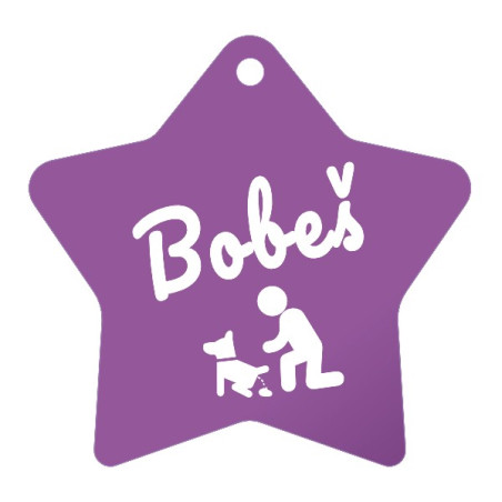 Fialová psí známka hvězda se jménem a dalšími identifikačními údaji