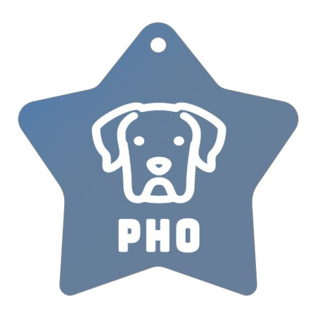 Světle modrá psí tagiska ve tvaru hvězdy se jménem a dalšími identifikačními údaji vyrytými na základě Vašeho online návrhu