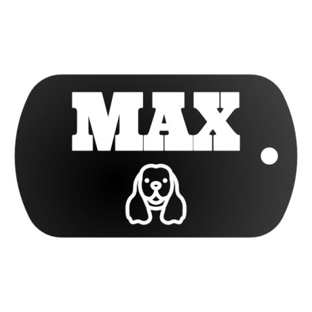 Vojenská psí známka se jménem, textem a grafikou z nabídky nebo vlastní, nahranou z mobilu a PC.