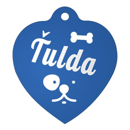 Modrá psí známka ve tvaru srdce s rytinou, kterou si můžete navrhnout na stránce produktu