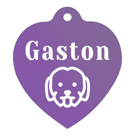 Fialová známka pro psa s rytinou jména, textu a jednoduché grafiky na míru.