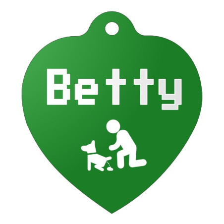 Zelená identifikační psí známka ve tvaru srdce s gravírováním jména a obrázku na přání