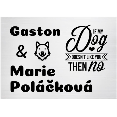 Stříbrná jmenovka na vchodové dveře a psí boudu se jménem a grafikou na míru, kterou si jednoduše vytvoříte na eshopu petway.cz