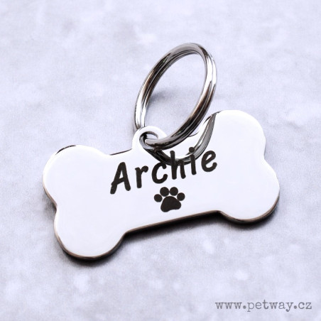 Nerezová známka pro malého psa ve tvaru kostičky s gravírováním