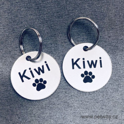 Ocelové známky pro psy s gravírováním jména, symbolu tlapky a tel. čísel na druhé straně