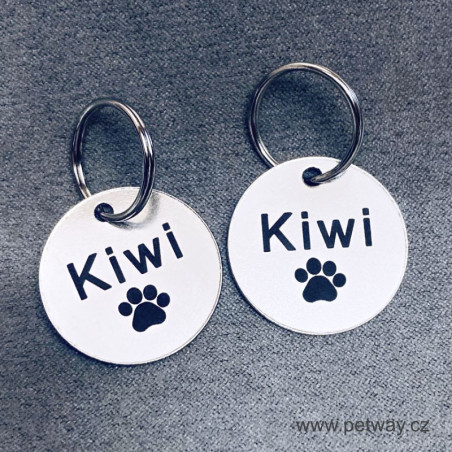 Ocelové známky pro psy s gravírováním jména, symbolu tlapky a tel. čísel na druhé straně