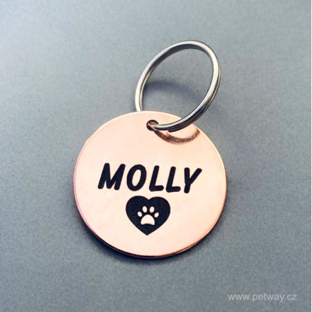 Nerezová růžová známka pro psy s gravírováním jména a tlapky v srdci