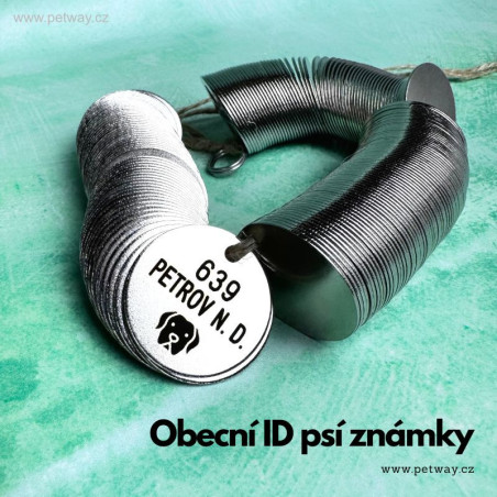 Obecní registrační psí známky kulaté ocelové s gravírováním názvu obce a čísla