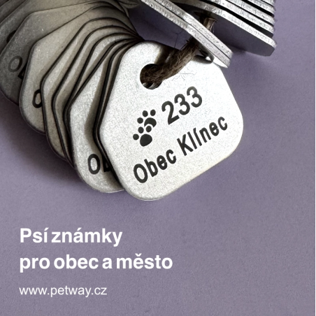 Evidenční cedulky pro psy pro účely povinné registrace psů v obci v počtu 1000 ks s gravírováním číselné řady a názvu obce.